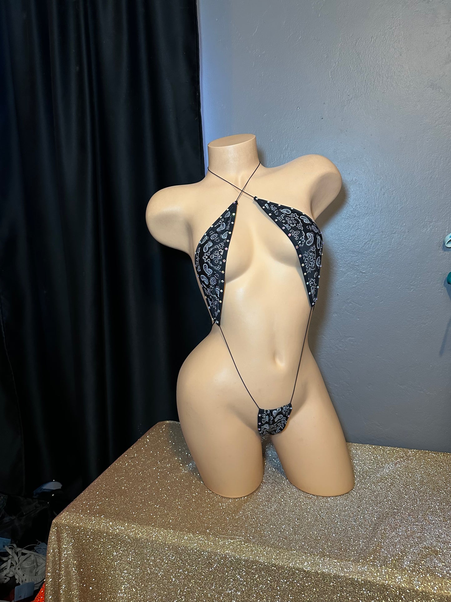 The Madelyn One Piece, Black Paisley + Rhinestones