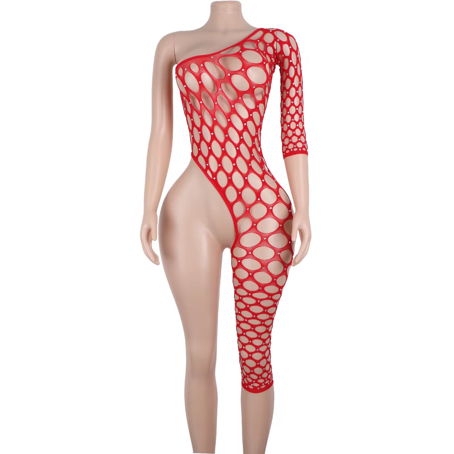 One Leg Rhinestone Fishnet Bodysuit