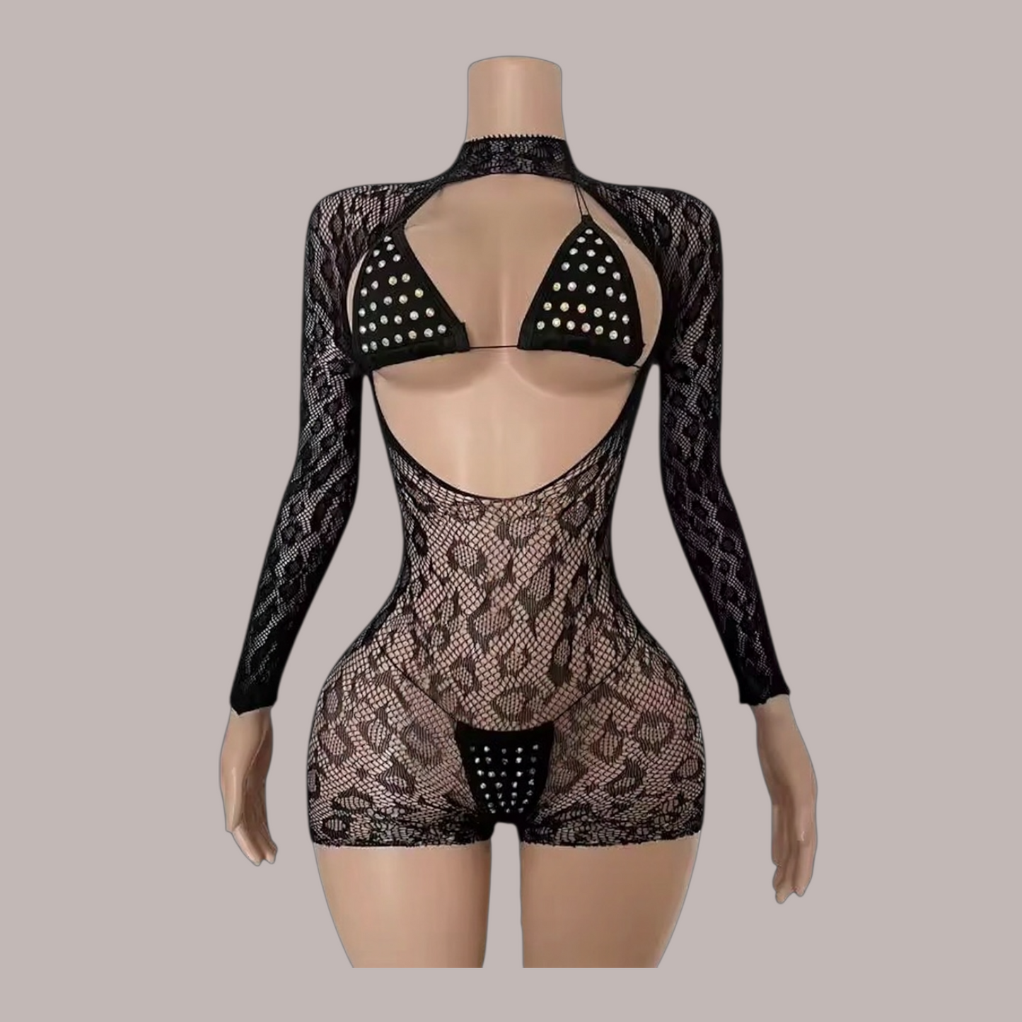 The Sandra 3 pc Cheetah Print Fishnet bodysuit + Microkini
