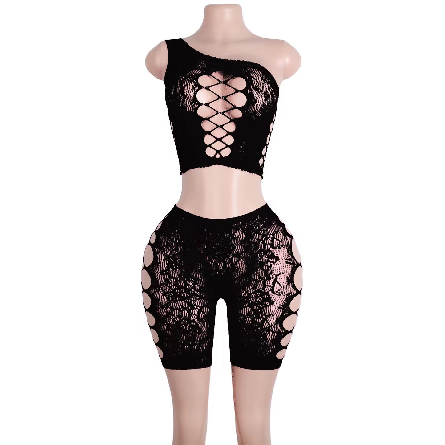 2 Piece Shorts + 1 Shoulder Fishnets