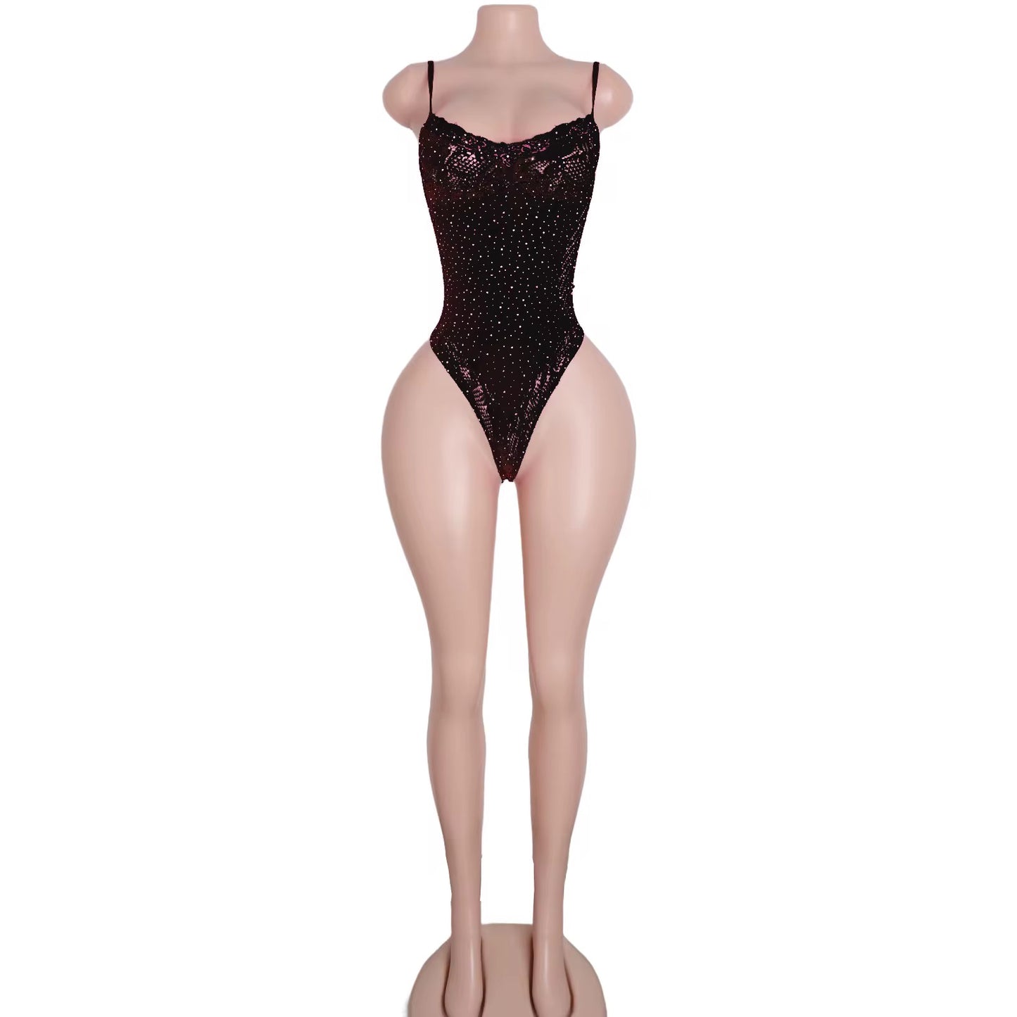 Black Thong Rhinestone Fishnet Bodysuit