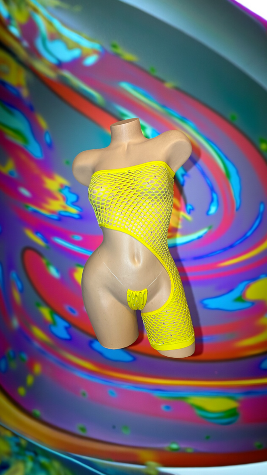 Asymmetrical Yellow Fishnet Romper