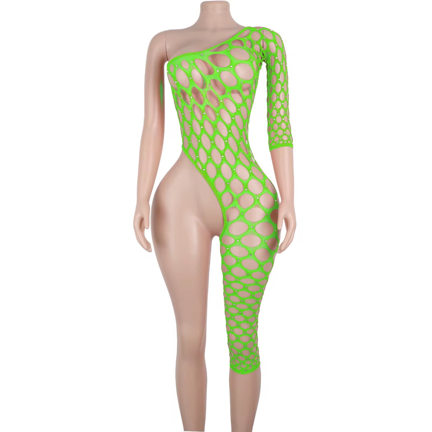 One Leg Rhinestone Fishnet Bodysuit