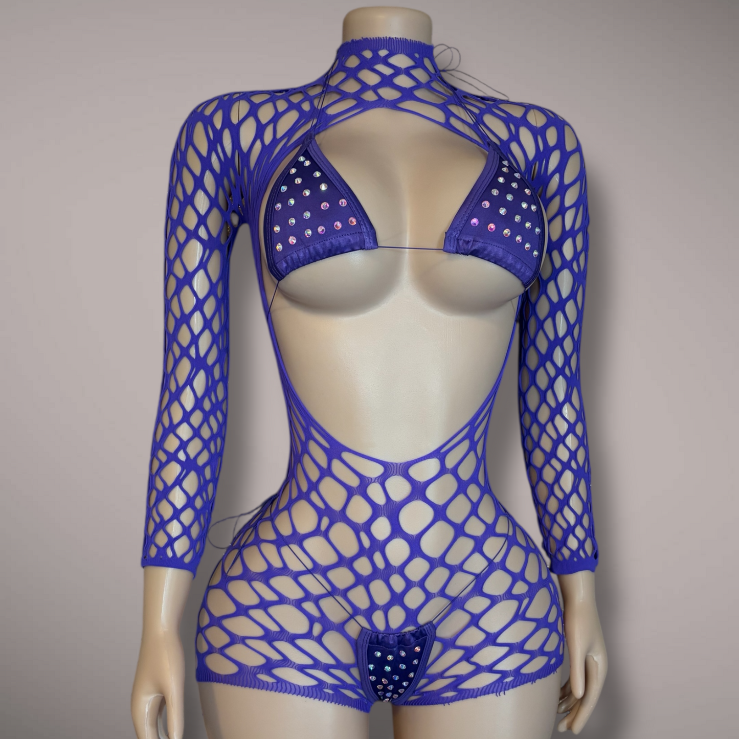 3 pc Fishnet Romper + Bikini