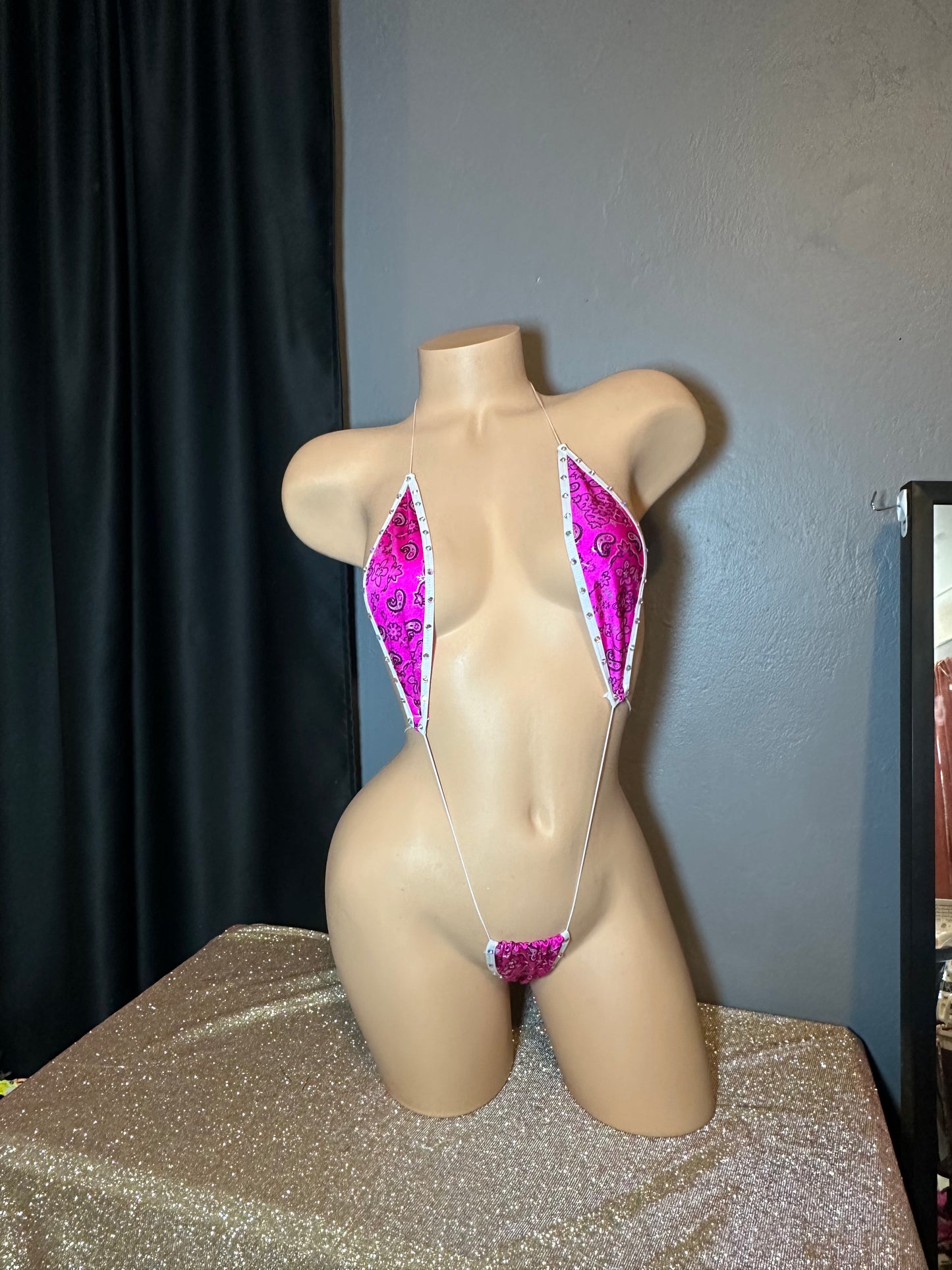 The Madelyn One Piece, Pink and White Paisley + Rhinestones