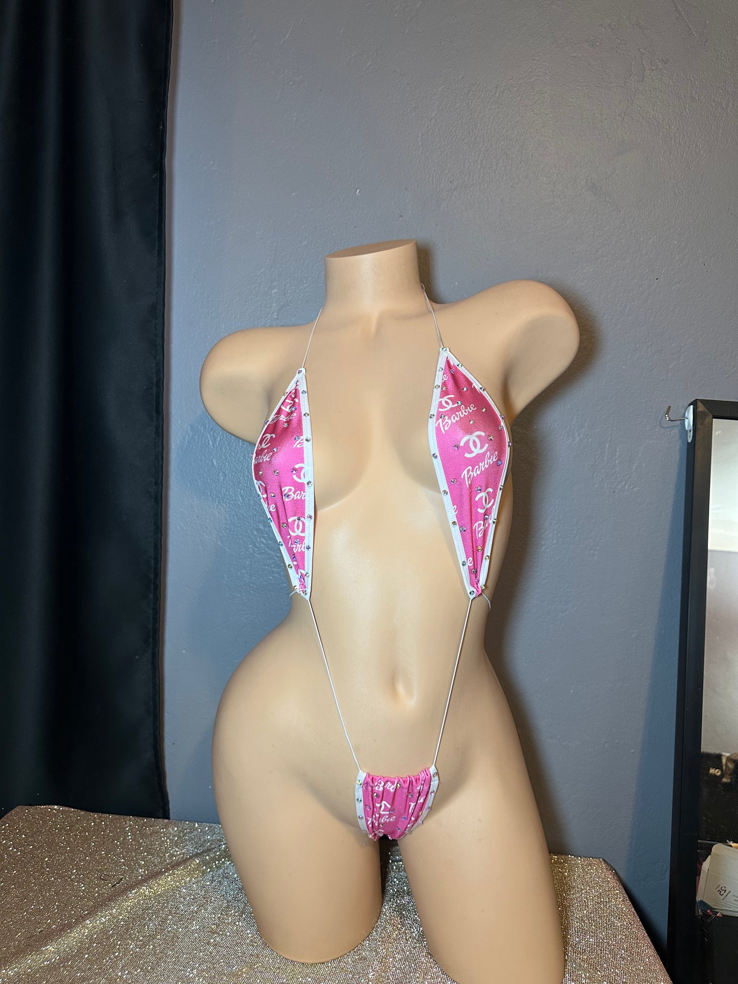 The Madelyn One Piece, Pink + White Designer Logo with Rhinestones