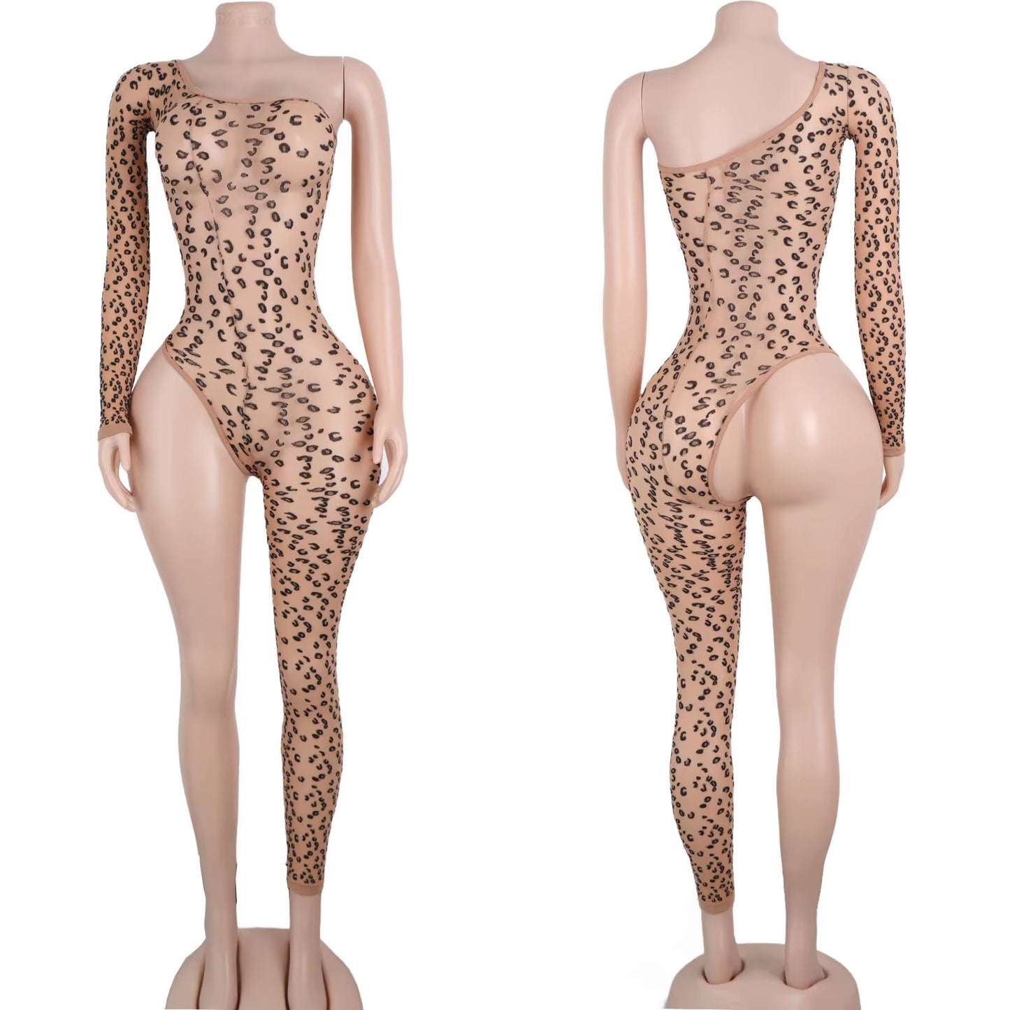 One Leg Cheetah Print Fishnet Bodysuit
