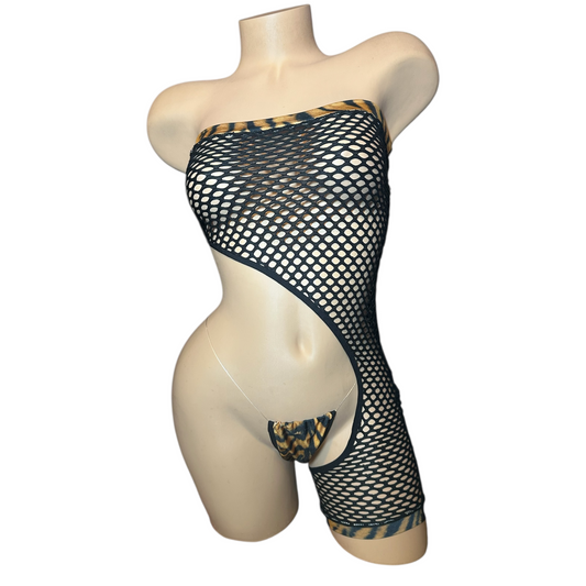 Asymmetrical Tiger Print + Fishnet Romper