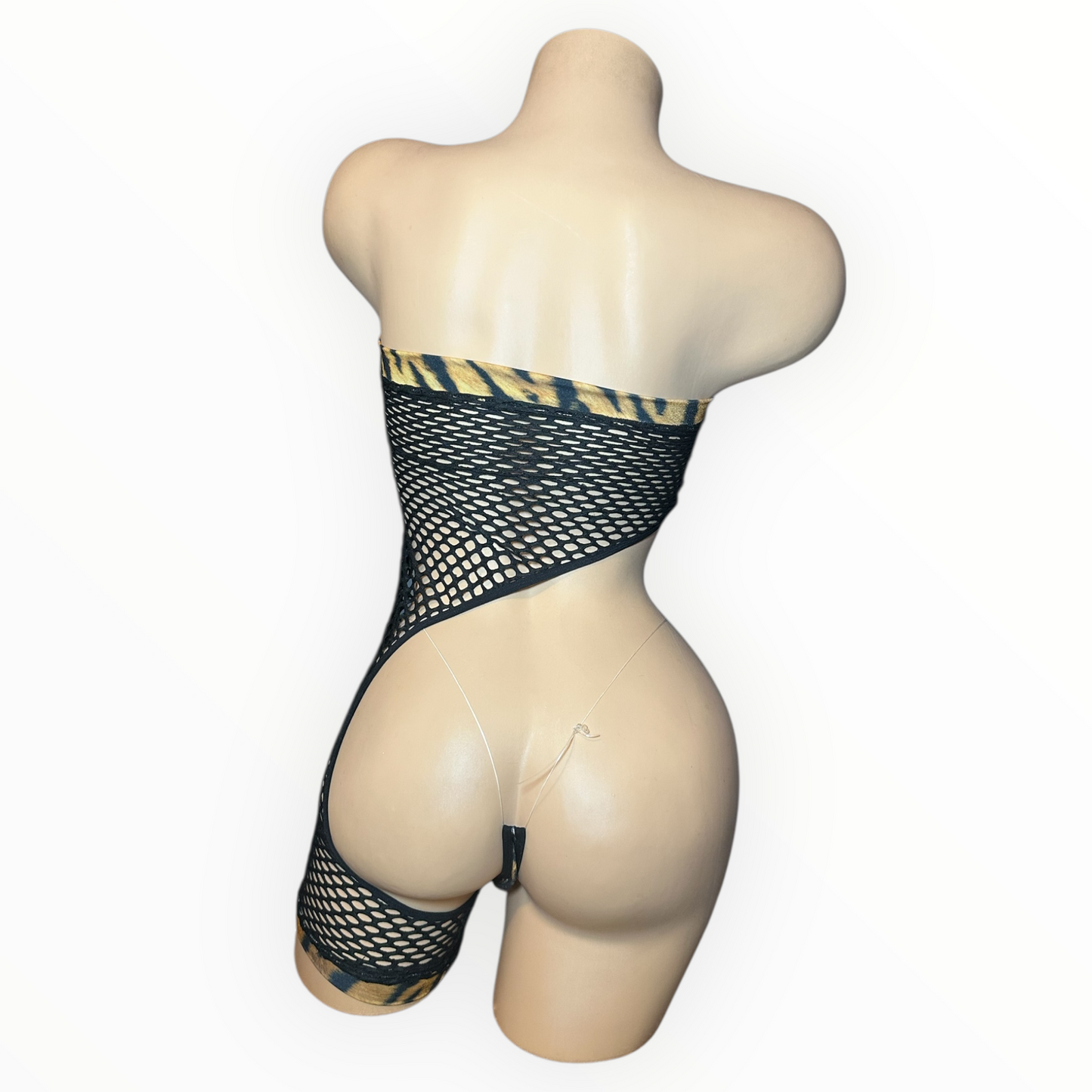 Asymmetrical Tiger Print + Fishnet Romper