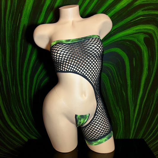 Asymmetrical Black and Green + Fishnet Romper