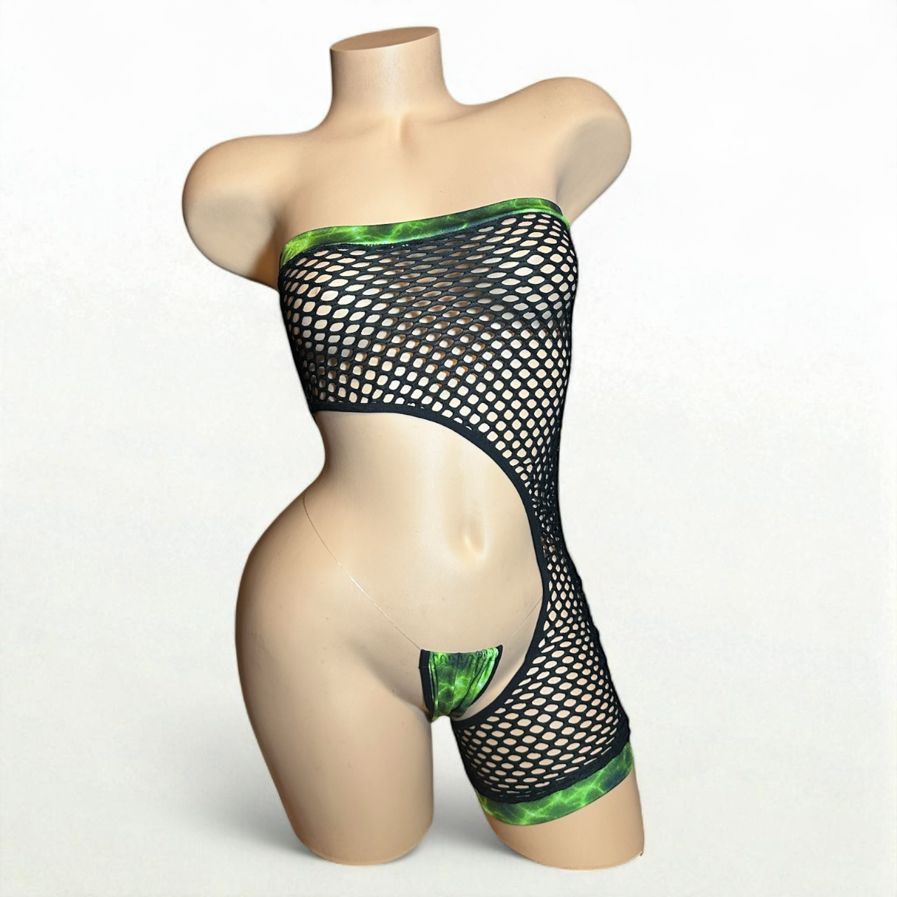 Asymmetrical Black and Green + Fishnet Romper
