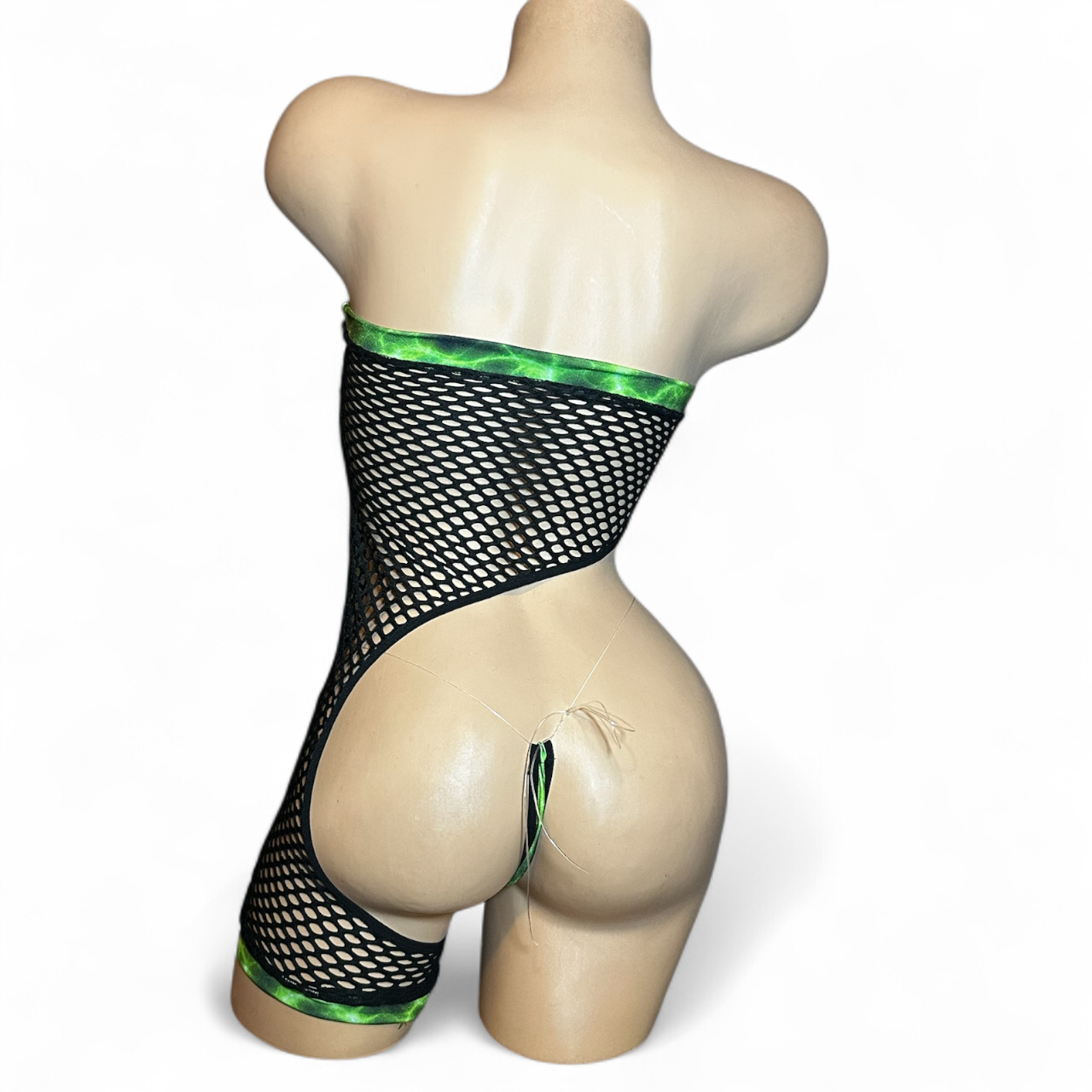 Asymmetrical Black and Green + Fishnet Romper