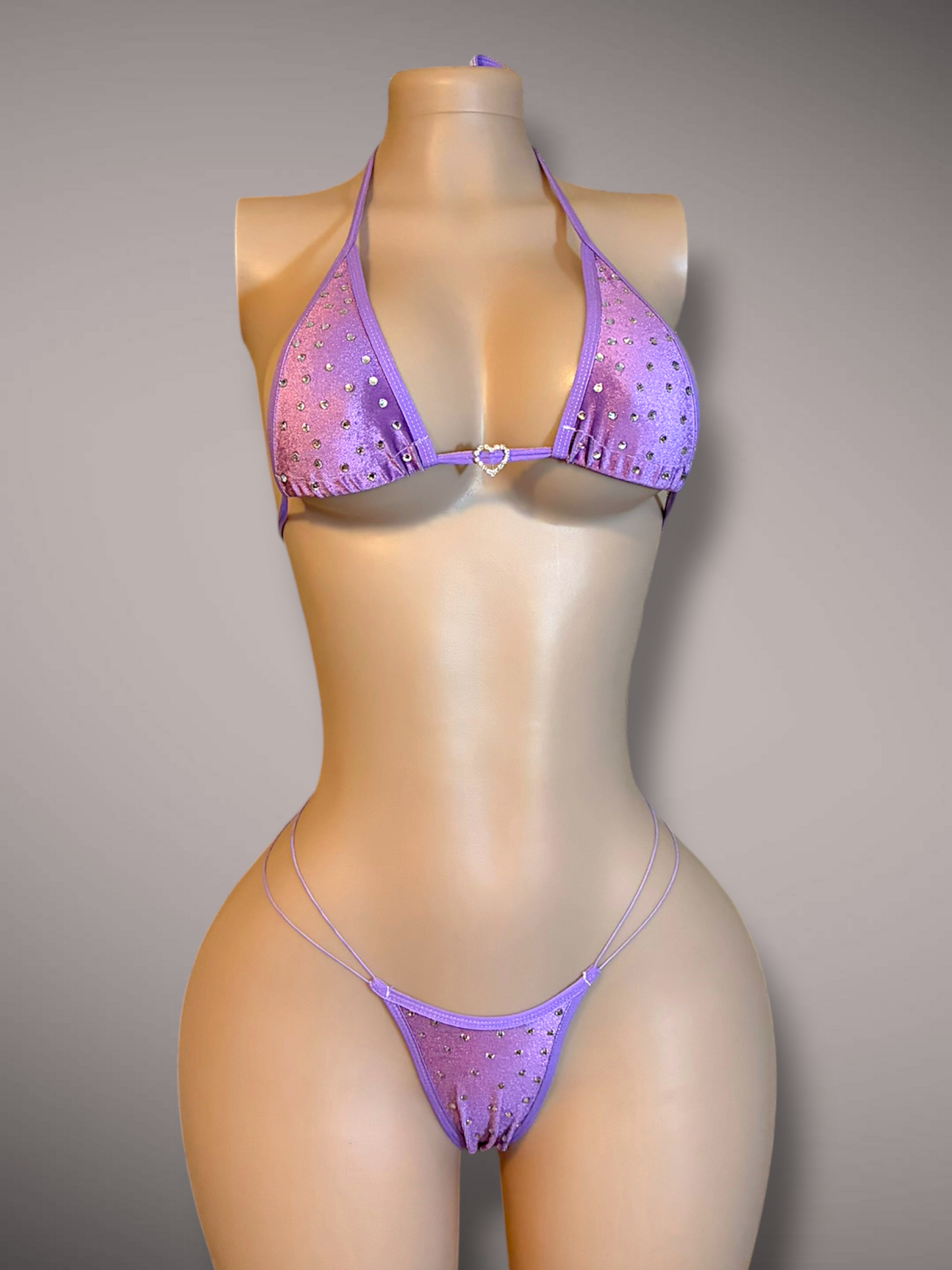 Light Purple Rhinestone Velvet 2 Piece Thong Bikini