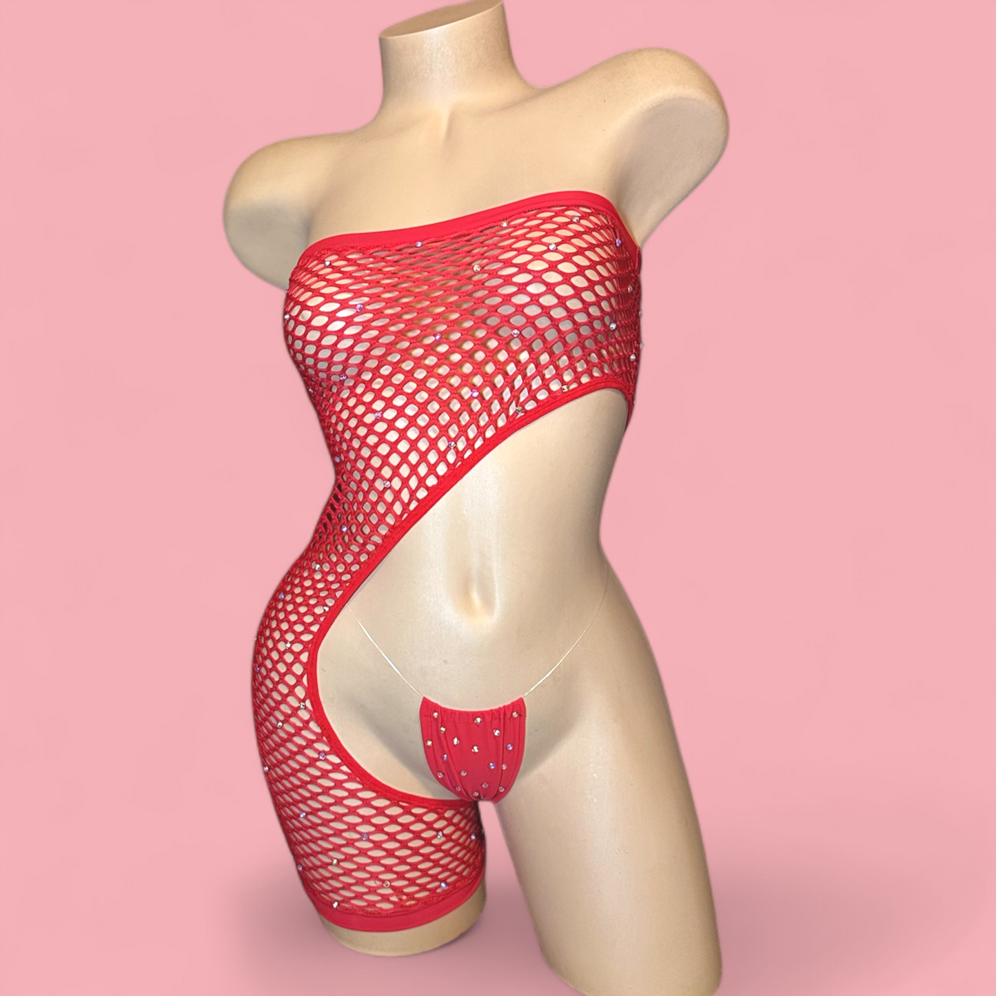 Asymmetrical Red Fishnet Romper