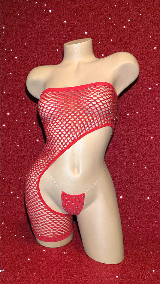 Asymmetrical Red Fishnet Romper