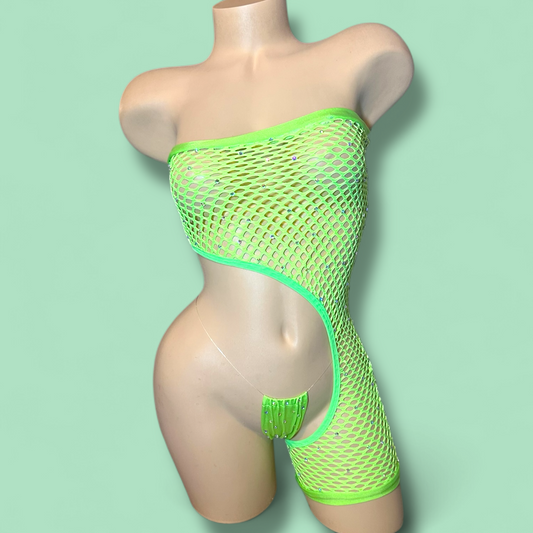 Asymmetrical Green Fishnet Romper