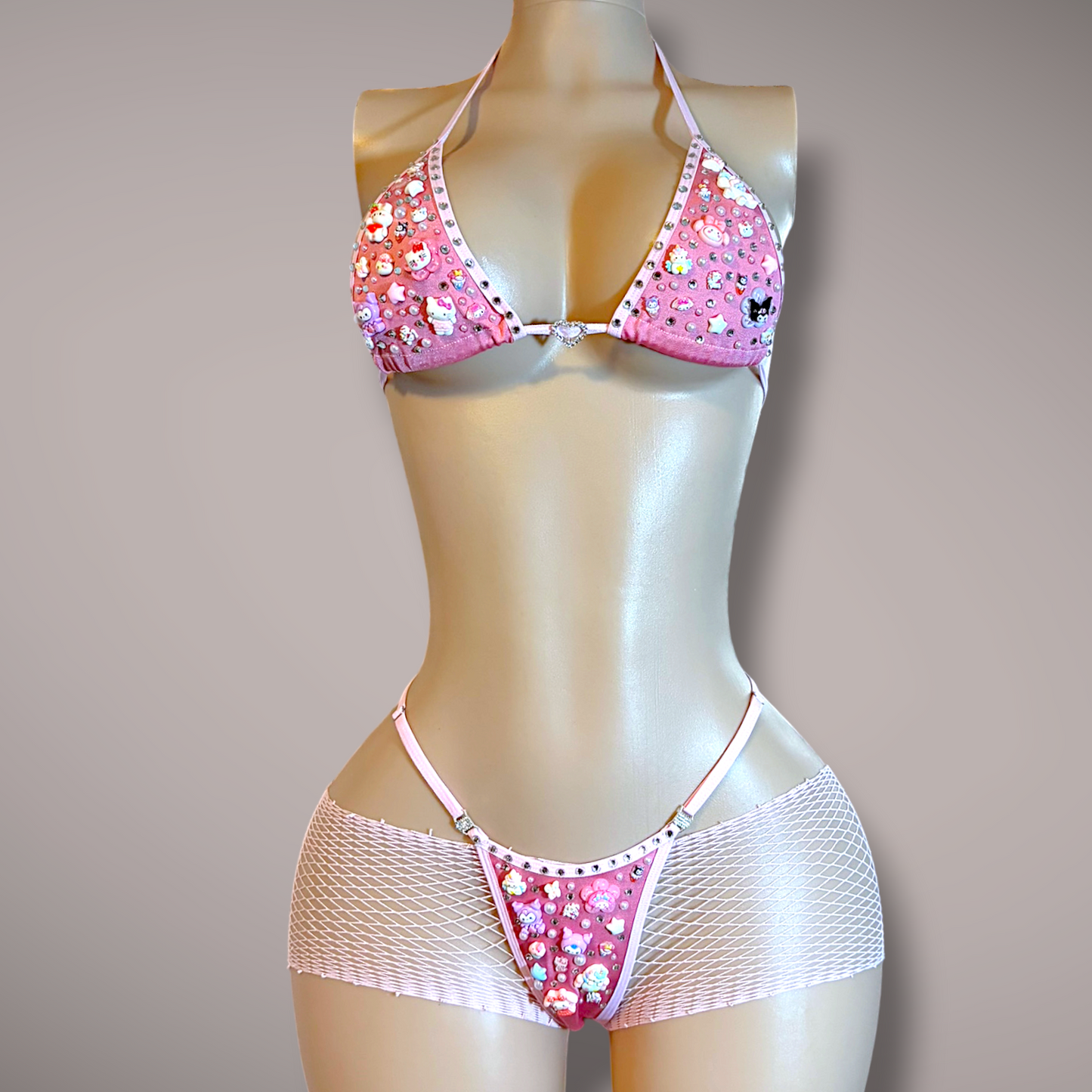 Pink Junk Bikini & Fishnet Shorts