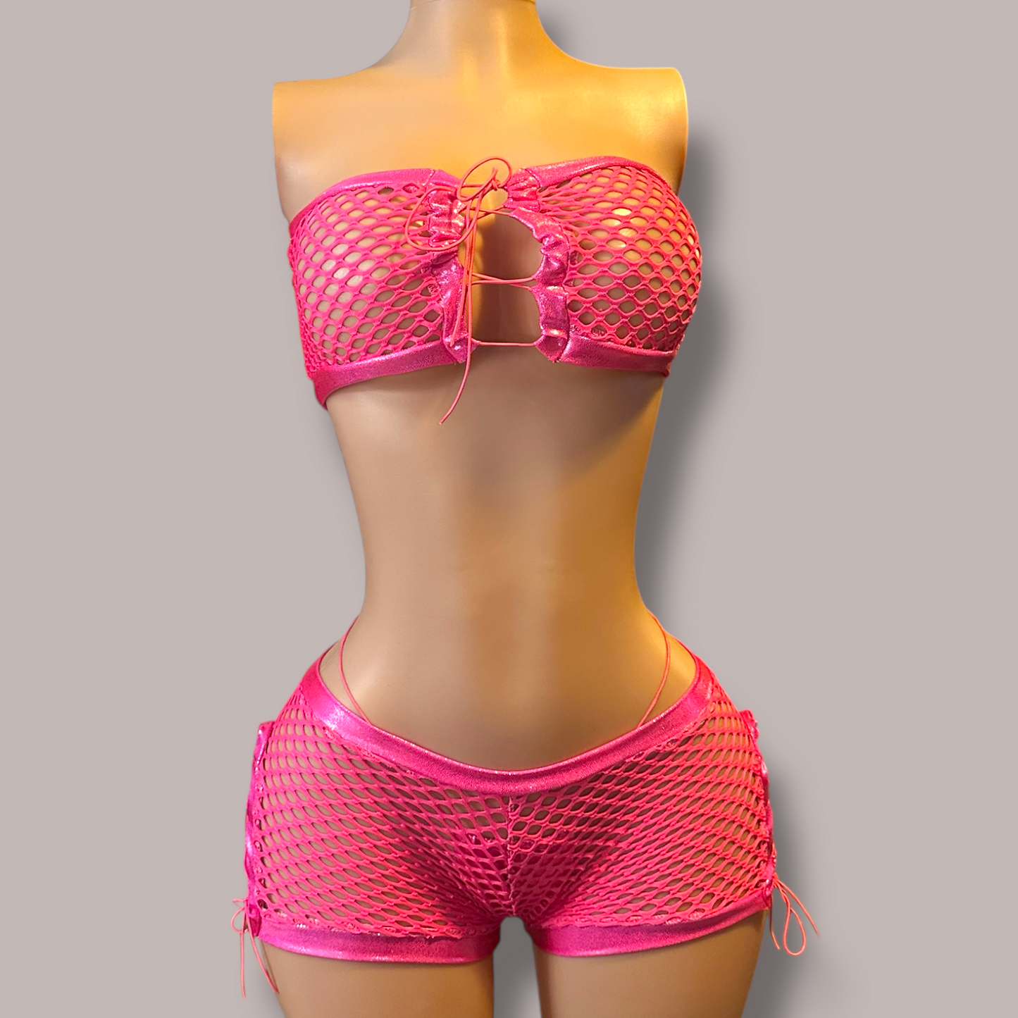 Pink Lace Up Fishnet 3 Piece Set