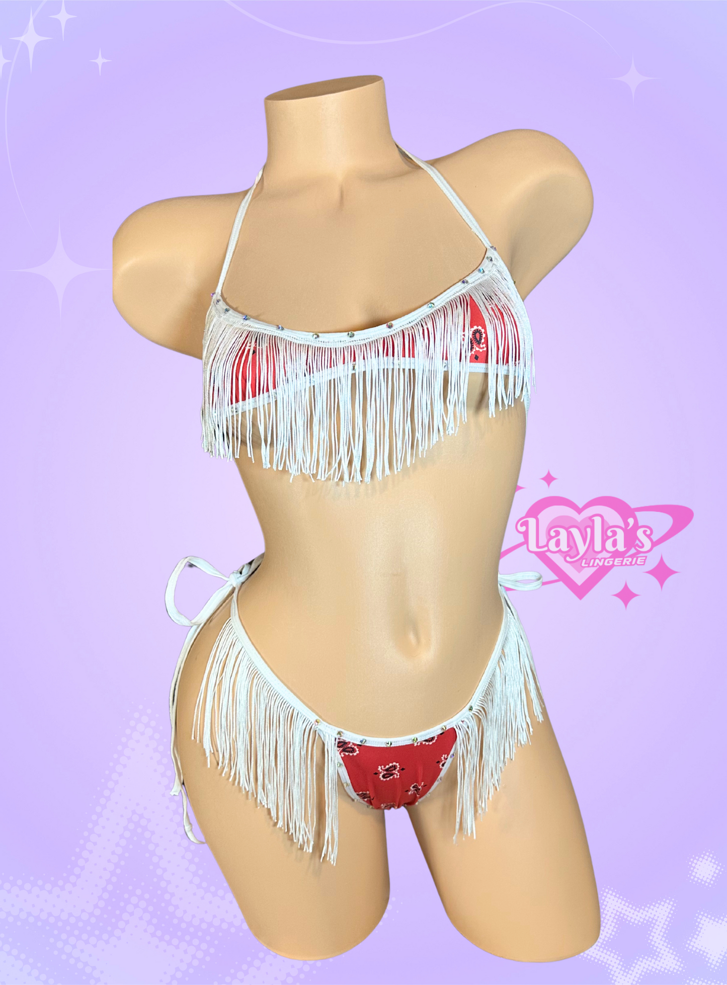The Jade Bikini, Red and White Paisley with Fringe