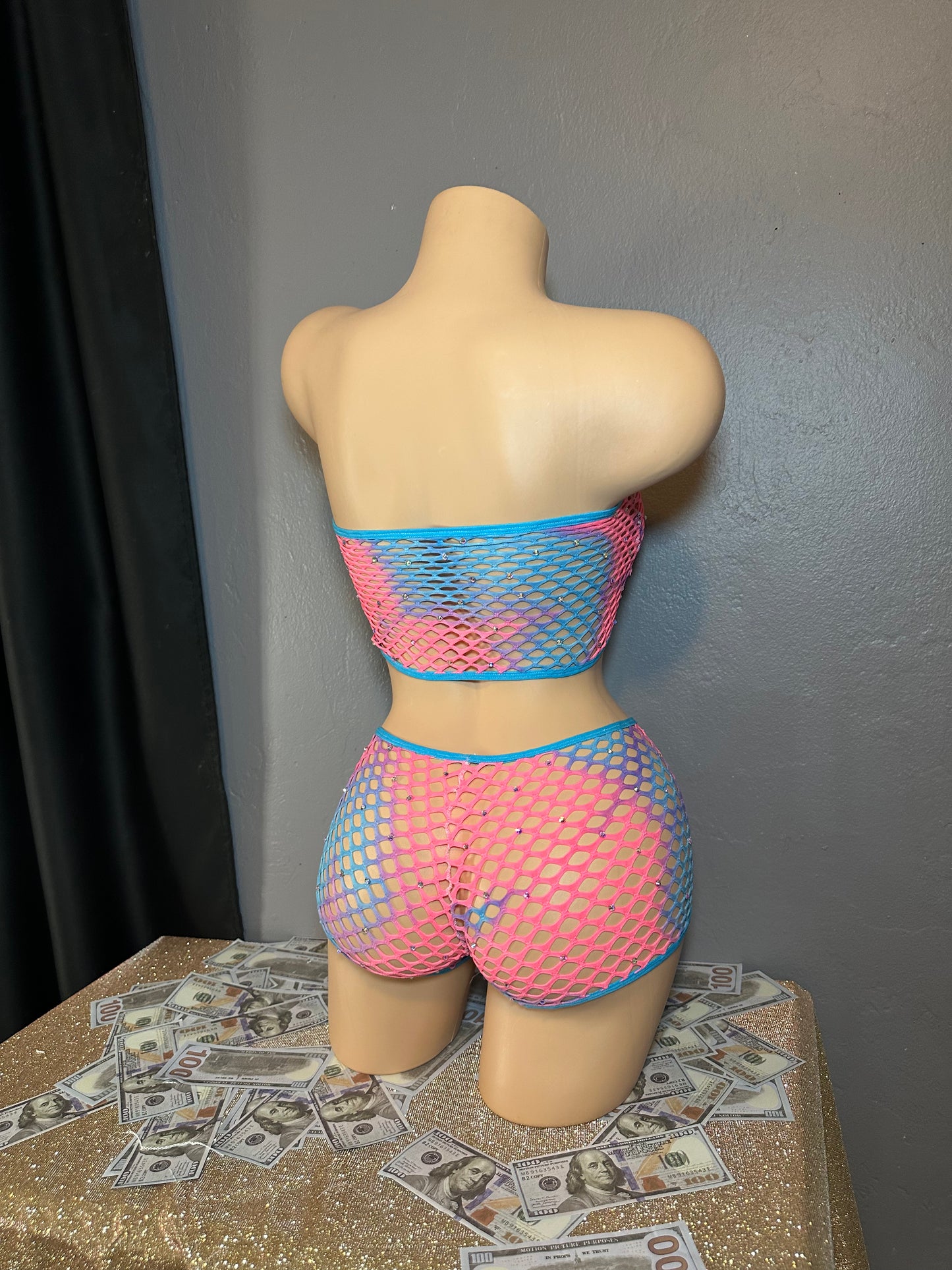 Bubblegum Pink and Blue Fishnet Shorts and Tube Top