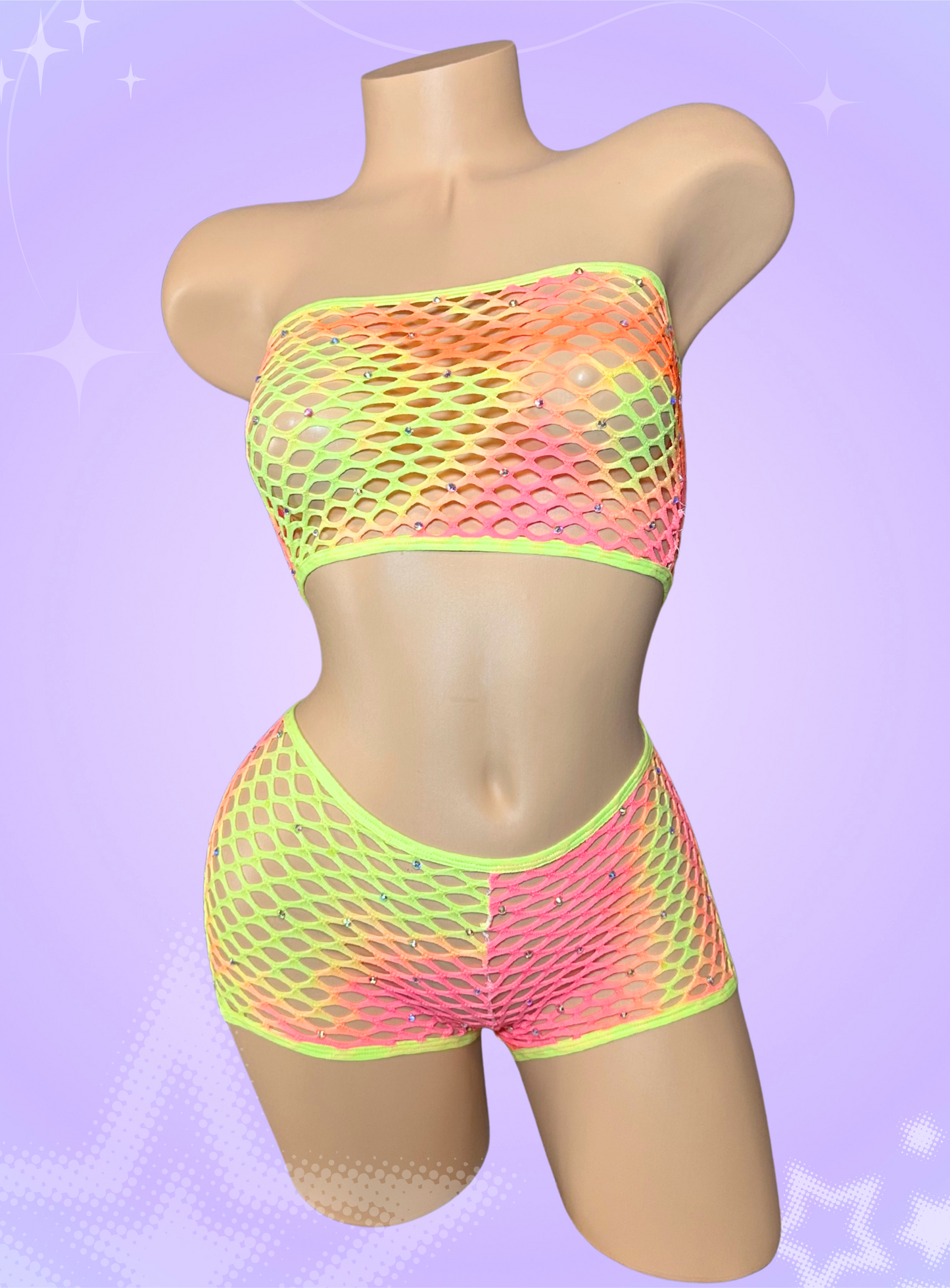 Sherbert Yellow and Pink Fishnet Shorts and Tube Top