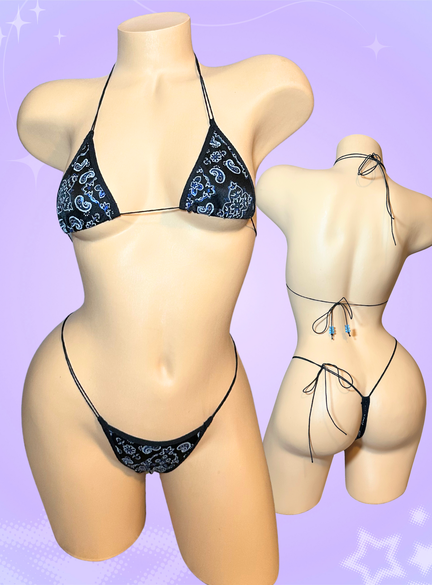 The Vixen Microkini, black and blue holographic paisley