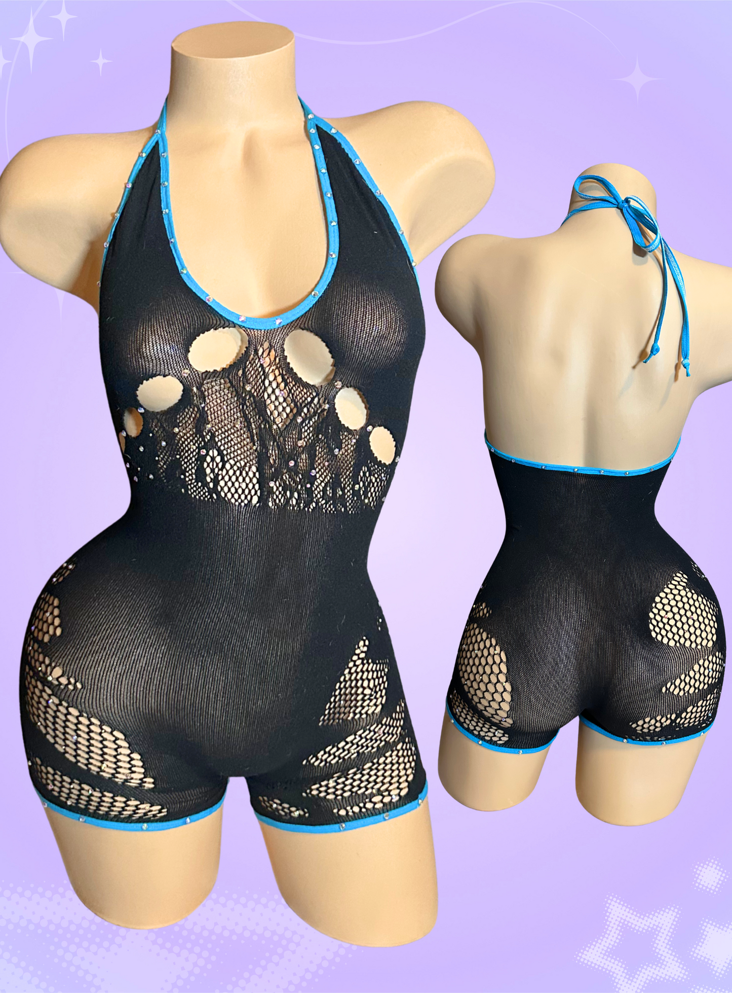 Black and Turquoise Fishnet Romper