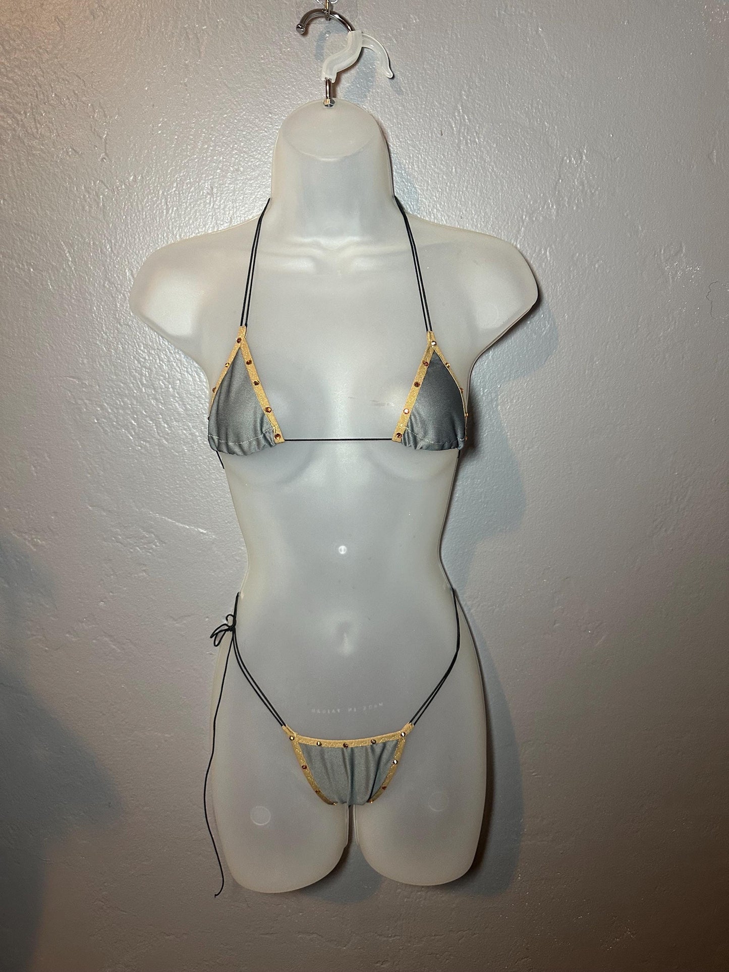 Grey + Khaki Stripper Microkini; Exotic Dancewear Gray Low Cut Thong Bikini Lingerie,
