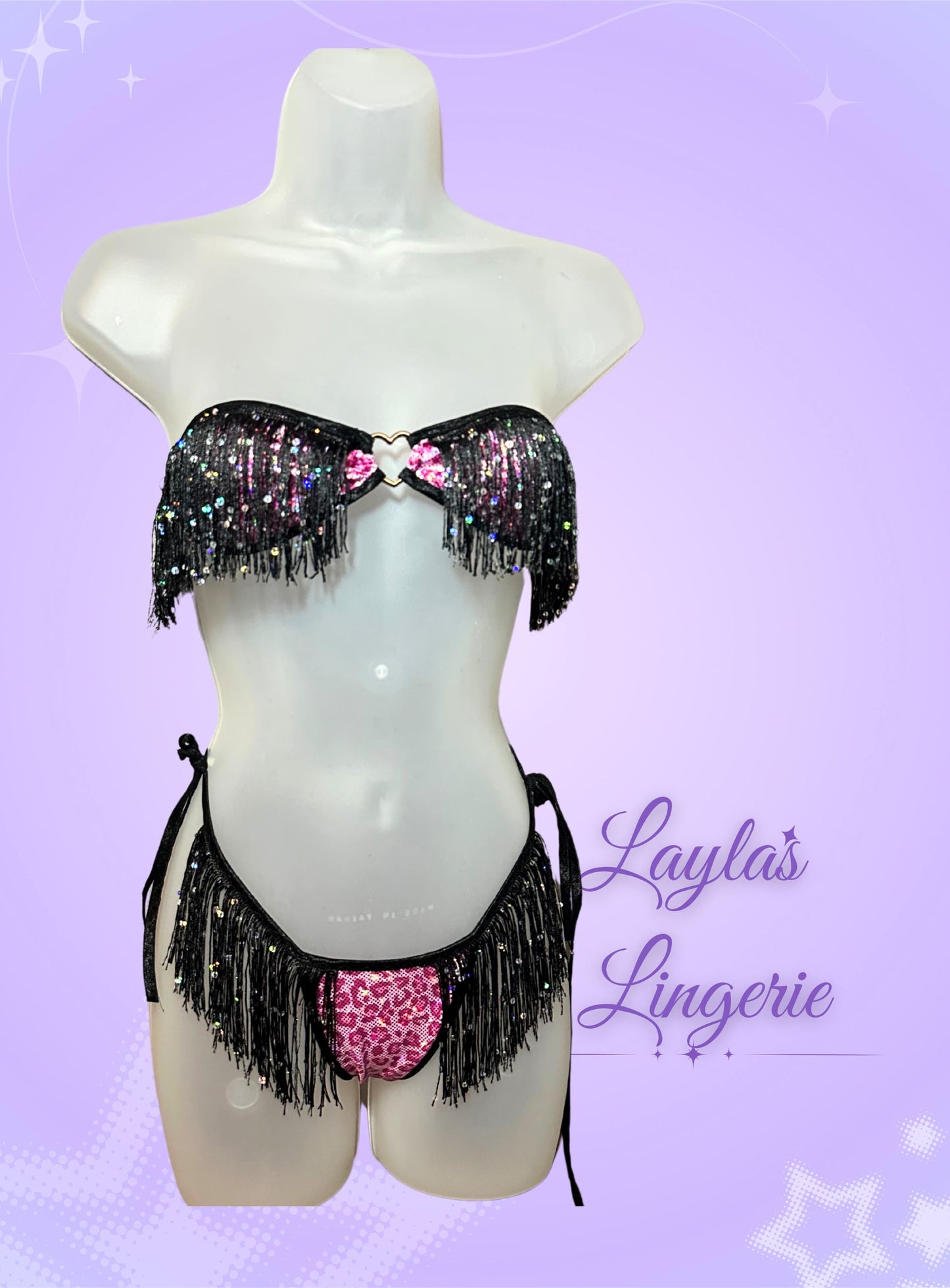 Fringe Metallic Pink Cheetah Leopard Print Sparkly Heart Ring Tube Top + thong 2 piece exotic dancer/rave bikini