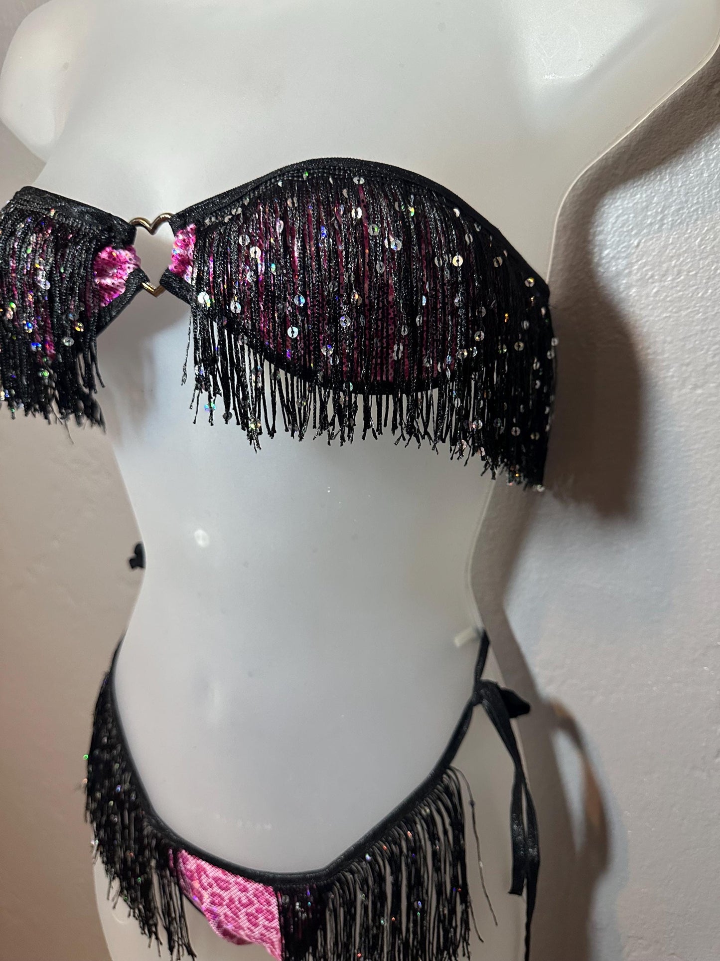 Fringe Metallic Pink Cheetah Leopard Print Sparkly Heart Ring Tube Top + thong 2 piece exotic dancer/rave bikini