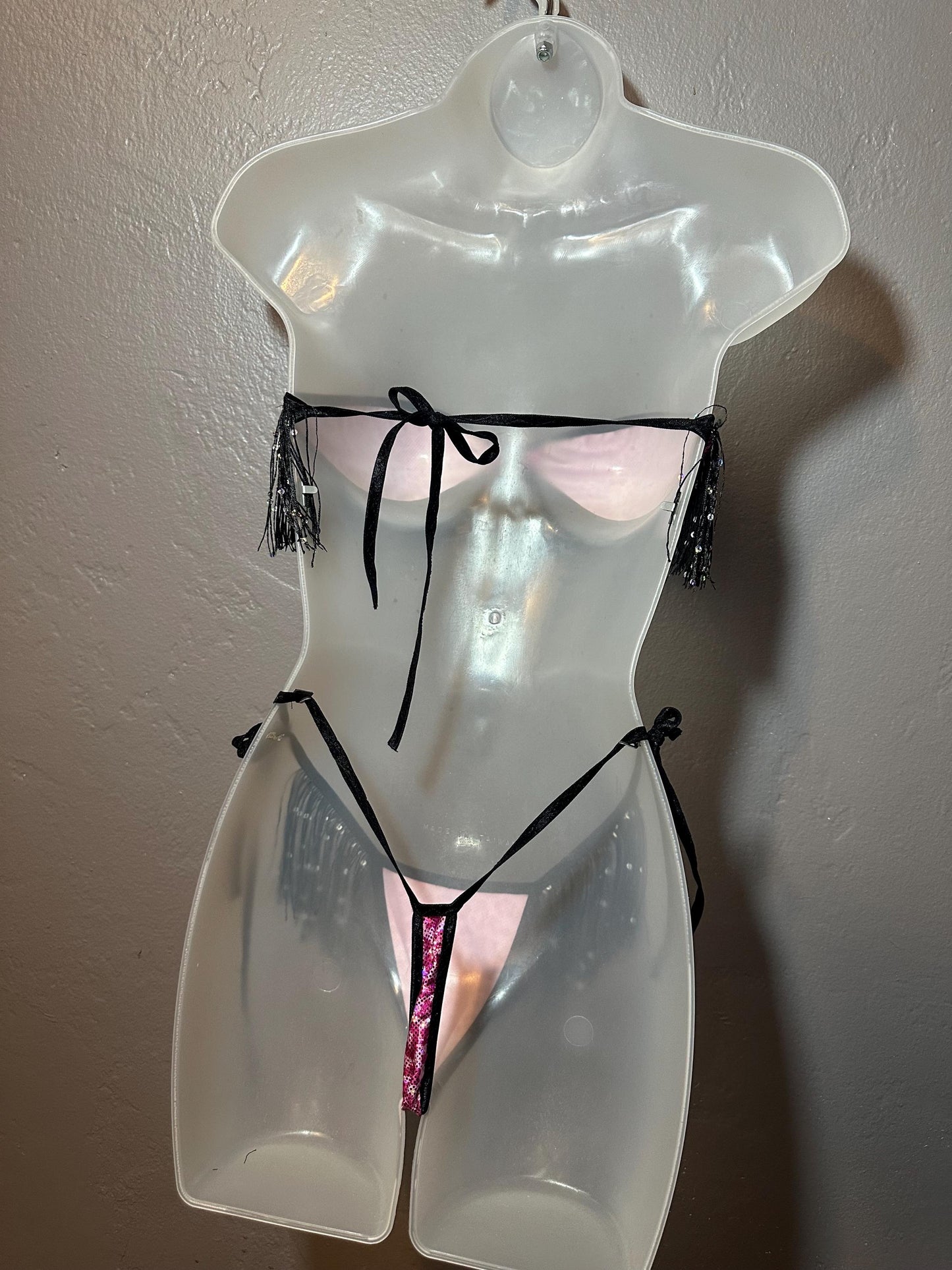 Fringe Metallic Pink Cheetah Leopard Print Sparkly Heart Ring Tube Top + thong 2 piece exotic dancer/rave bikini