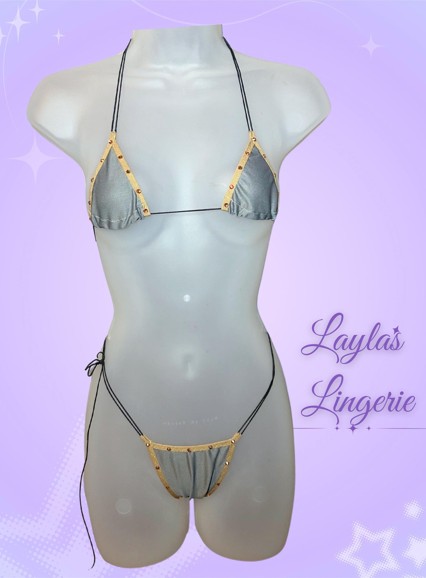 Grey + Khaki Stripper Microkini; Exotic Dancewear Gray Low Cut Thong Bikini Lingerie,