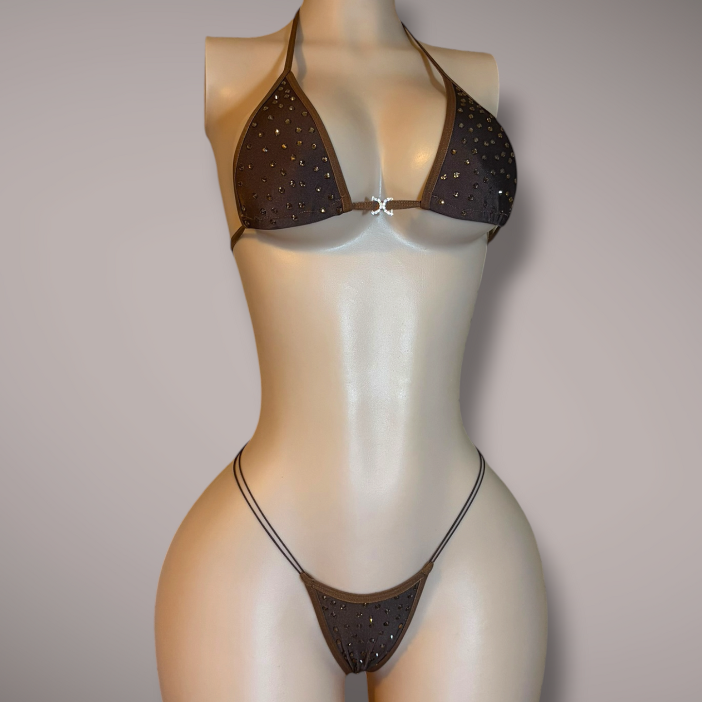 Brown Rhinestone 2 Piece Thong Set