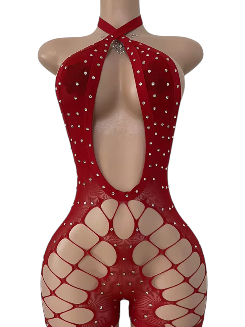 The Jules Rhinestone Fishnet Halter Romper