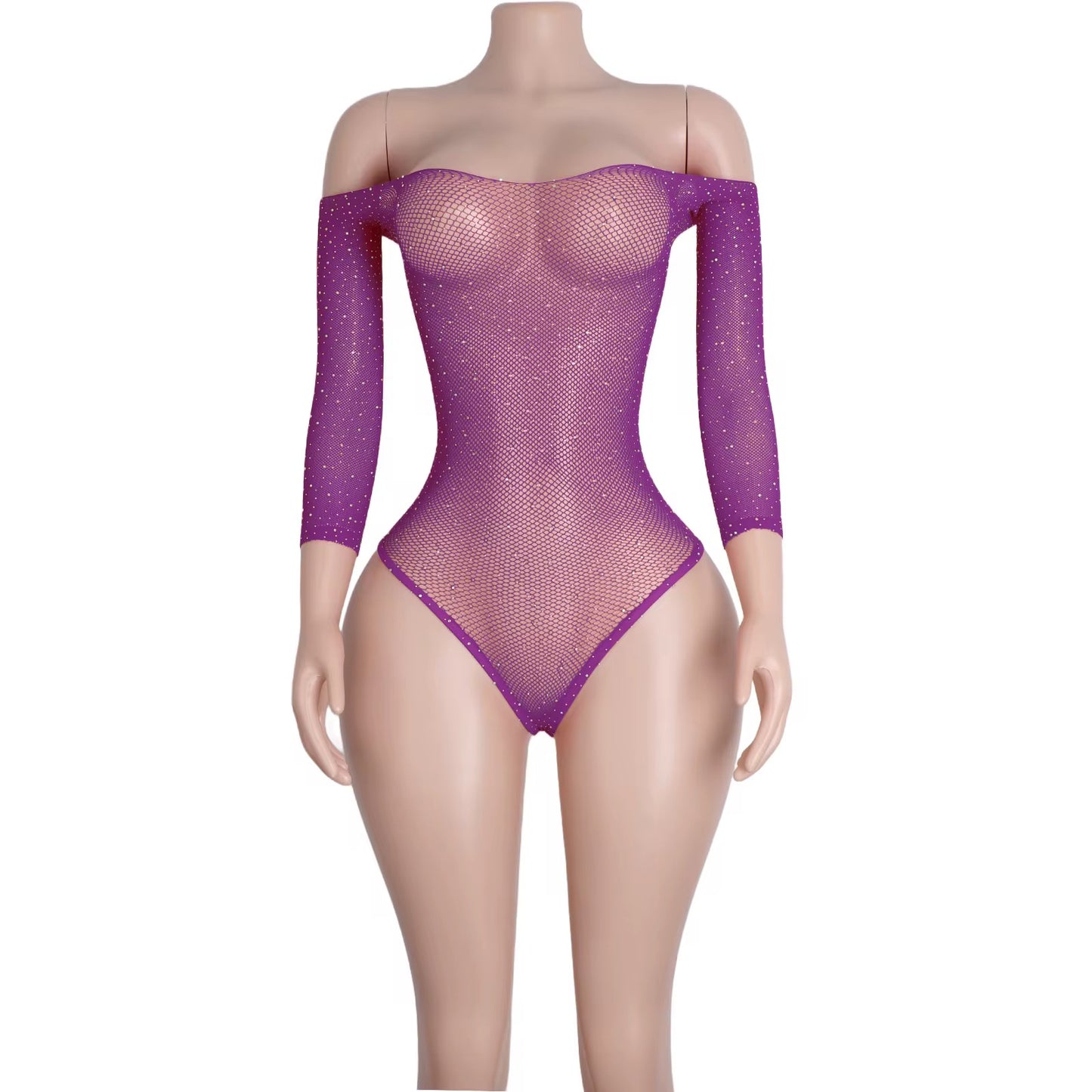 Purple Rhinestone Fishnet Bodysuit