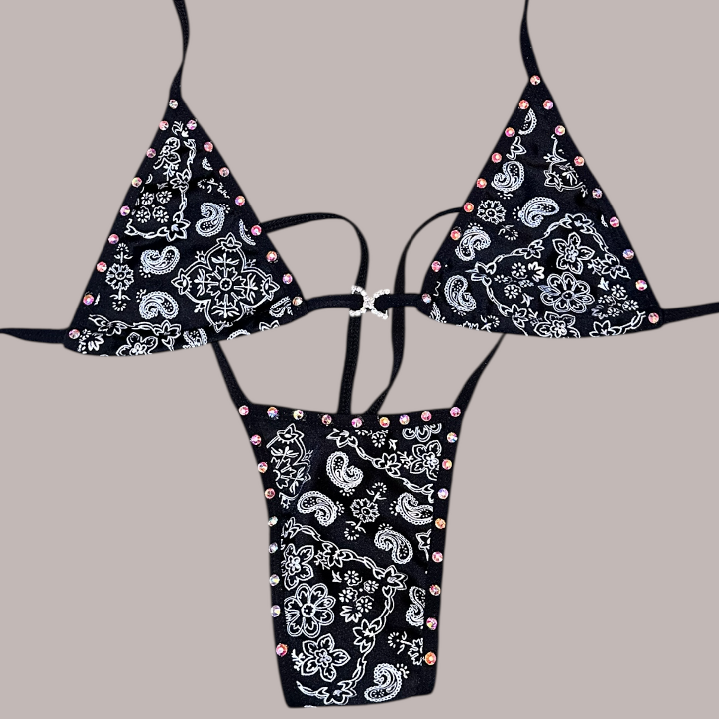 Black Paisley Thong Bikini with Gems
