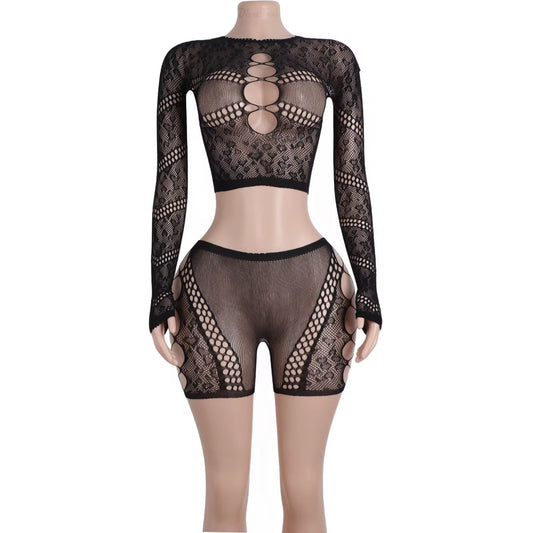 2 Piece Long Sleeve + Shorts Fishnets