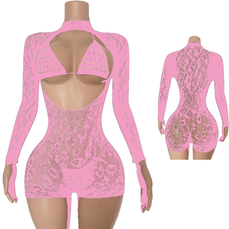 The Sandra 3 pc Cheetah Print Fishnet bodysuit + Microkini