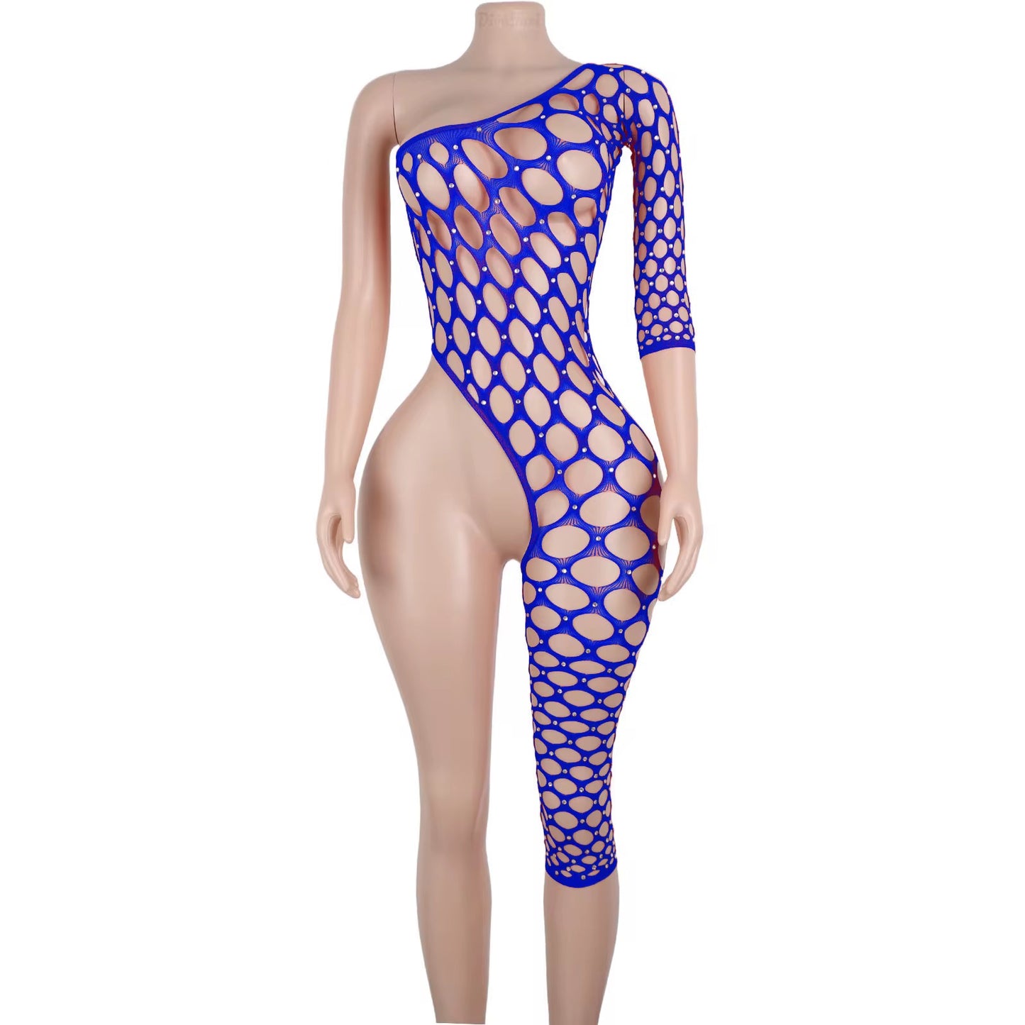 One Leg Rhinestone Fishnet Bodysuit