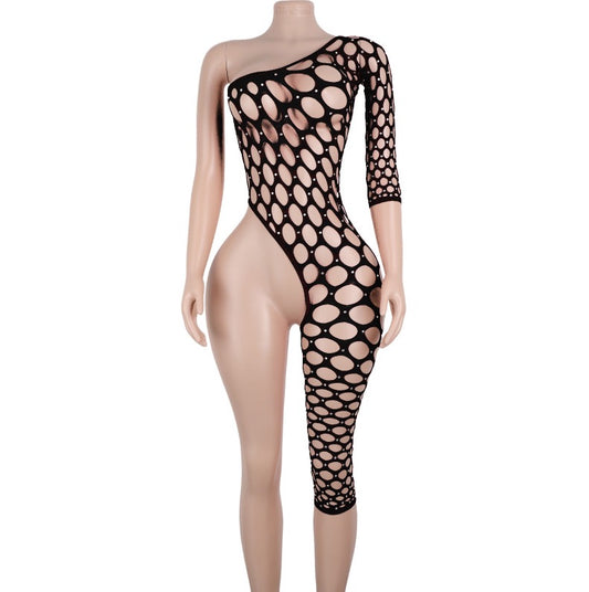 One Leg Rhinestone Fishnet Bodysuit