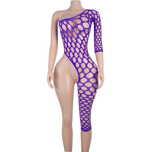 One Leg Rhinestone Fishnet Bodysuit