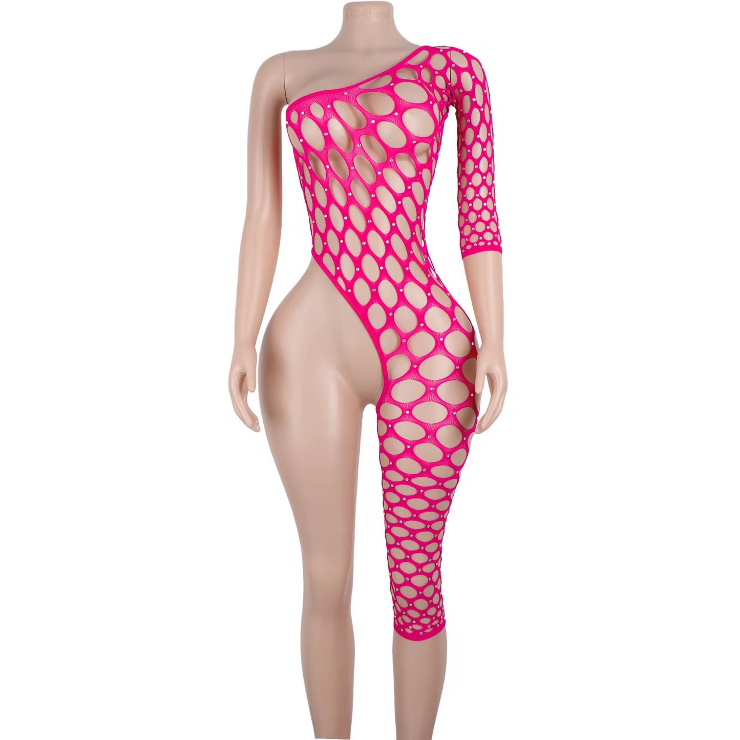 One Leg Rhinestone Fishnet Bodysuit