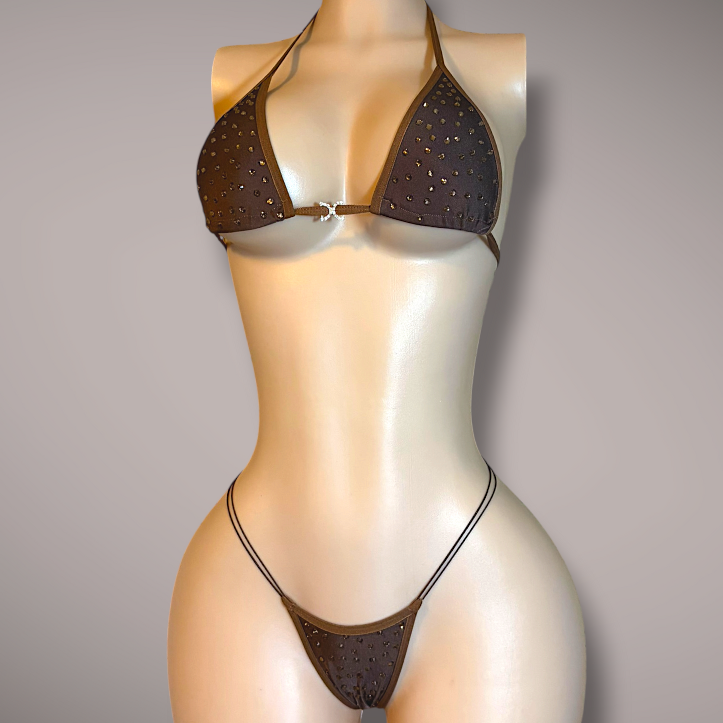 Brown Rhinestone 2 Piece Thong Set