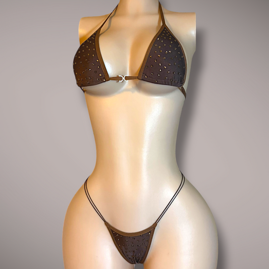 Brown Rhinestone 2 Piece Thong Set