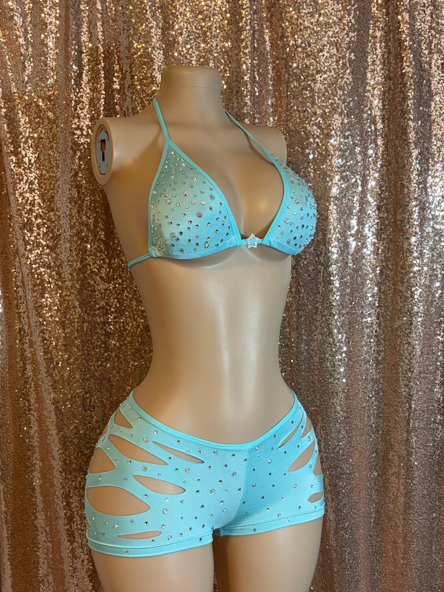 Light Blue Rhinestone Slit Shorts Set