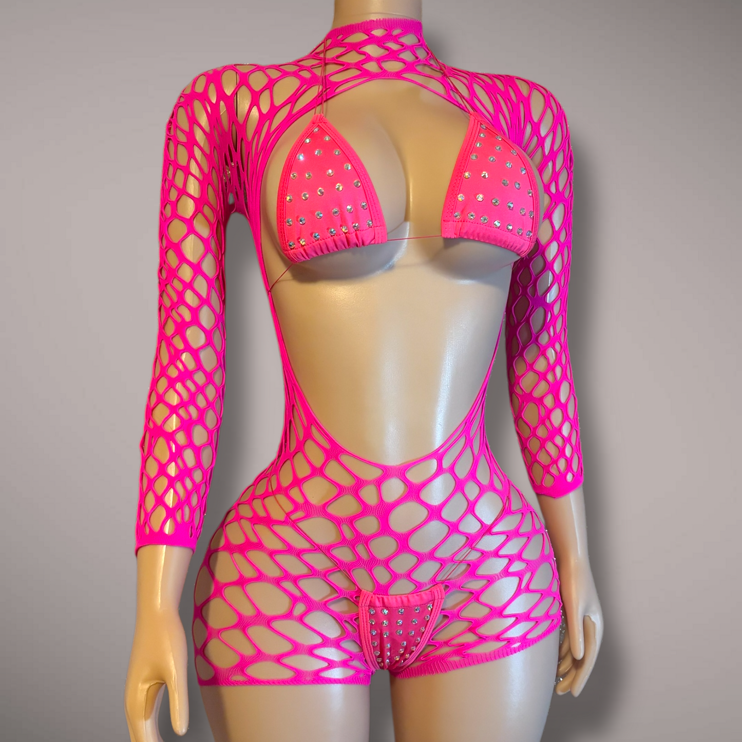 3 pc Fishnet Romper + Bikini