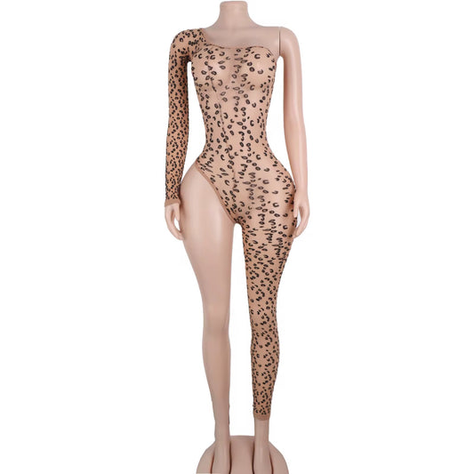 One Leg Cheetah Print Fishnet Bodysuit
