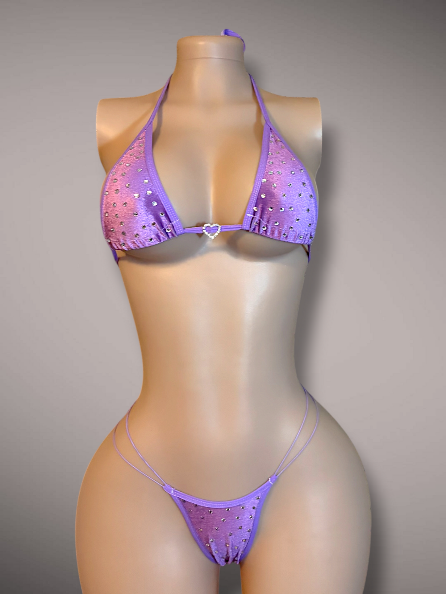 Light Purple Rhinestone Velvet 2 Piece Thong Bikini