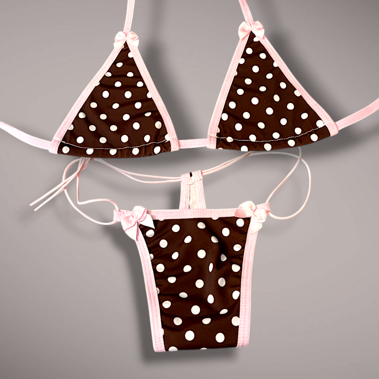 Brown & Pink Polka Dot 2 Piece Thong Bikini