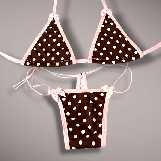 Brown & Pink Polka Dot 2 Piece Thong Bikini